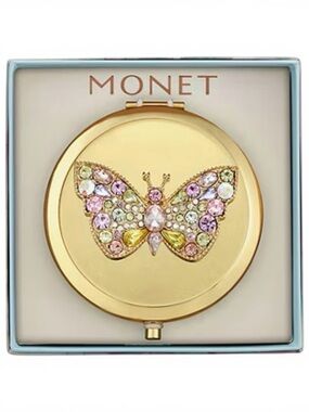 MONET Butterfly Rhinestone Gold Tone Powder Compact Mirror Pastel Crystals w Box